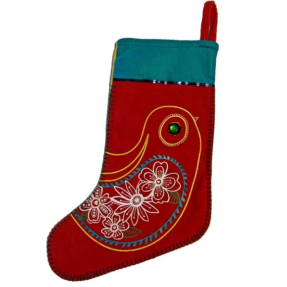 Partridge Christmas Stocking Bird Paisley Gems Sequins Boho Style Old Navy Red - Picture 2 of 7